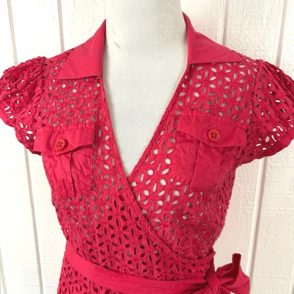 Moda International Women Eyelet Short Sleeve Wrap Top Pink Red Size XS/Small - Picture 6 of 10